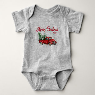 Merry Christmas Watercolor Vintage Red Truck Baby Bodysuit