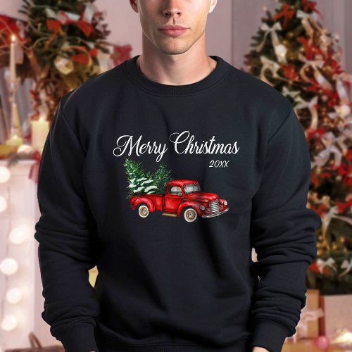 Merry Christmas Watercolor Vintage Red Truck Black Sweatshirt