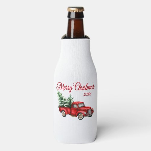 Merry Christmas Watercolor Vintage Red Truck Date  Bottle Cooler