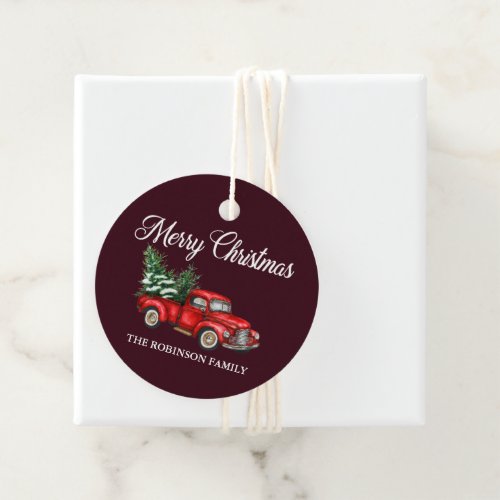 Merry Christmas Watercolor Vintage Red Truck Favor Tags