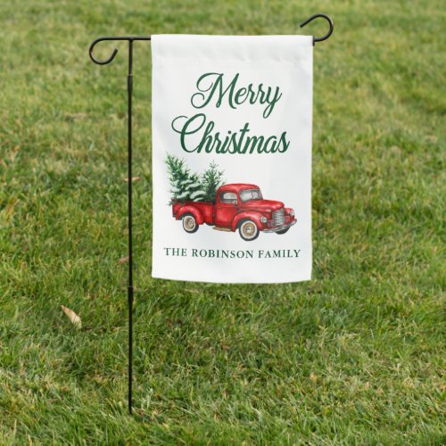 Merry Christmas Watercolor Vintage Red Truck Garden Flag