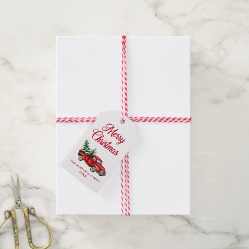 Merry Christmas Watercolor Vintage Red Truck Gift Tags
