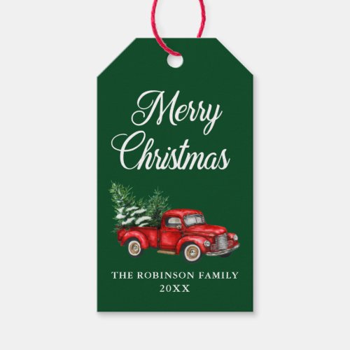 Merry Christmas Watercolor Vintage Red Truck Green Gift Tags