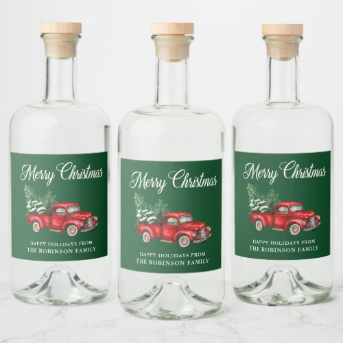 Merry Christmas Watercolor Vintage Red Truck Green Liquor Bottle Label