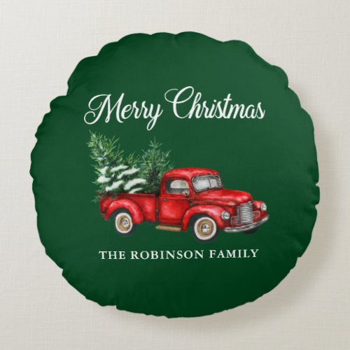 Merry Christmas Watercolor Vintage Red Truck Green Round Pillow