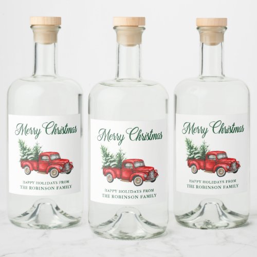 Merry Christmas Watercolor Vintage Red Truck Liquor Bottle Label