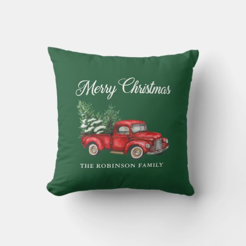 Merry Christmas Watercolor Vintage Red Truck Patio Outdoor Pillow