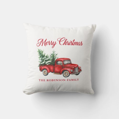 Merry Christmas Watercolor Vintage Red Truck Porch Outdoor Pillow