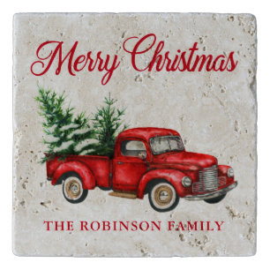 Merry Christmas Watercolor Vintage Red Truck Trivet