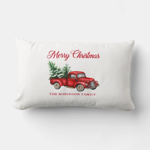Merry Christmas Watercolor Vintage Red Truck White Lumbar Pillow
