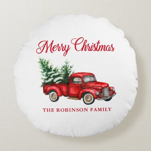 Merry Christmas Watercolor Vintage Red Truck White Round Pillow