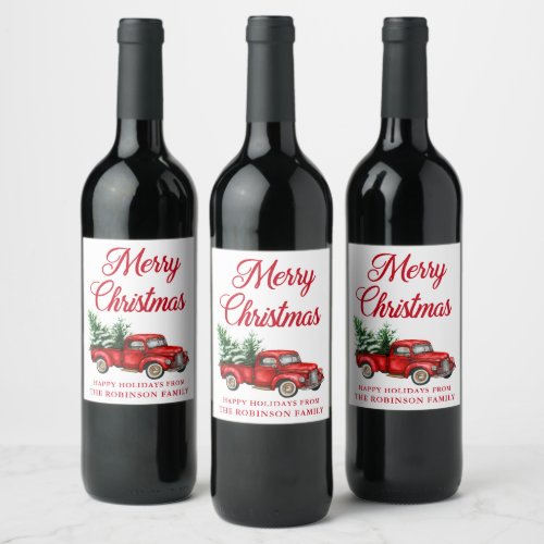 Merry Christmas Watercolor Vintage Red Truck Wine Label