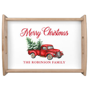 Merry Christmas Watercolor Vintage Red Truck Wood Serving Tray