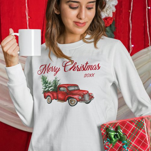 Merry Christmas Watercolor Vintage Red Truck Year Sweatshirt