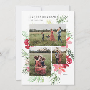 Merry Christmas Watercolor Winter Botanical Wreath Holiday Card