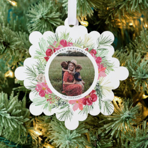 Merry Christmas Watercolor Winter Botanical Wreath Ornament Card