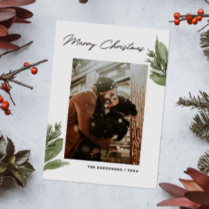 Merry Christmas. Watercolor winter floral photo Holiday Card