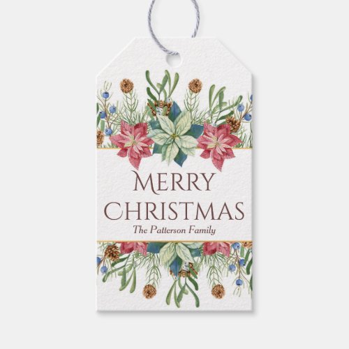 Merry Christmas Watercolor Winter Flowers Name Gift Tags