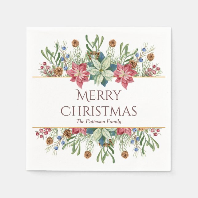 Merry Christmas Watercolor Winter Flowers Name Napkins (Front)