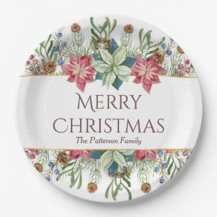 Merry Christmas Watercolor Winter Flowers Name Paper Plates