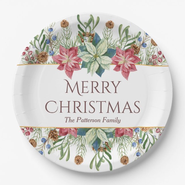 Merry Christmas Watercolor Winter Flowers Name Paper Plates (Front)
