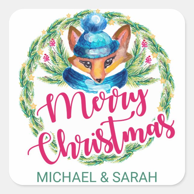 Merry Christmas | Watercolor Winter Fox Square Sticker (Front)