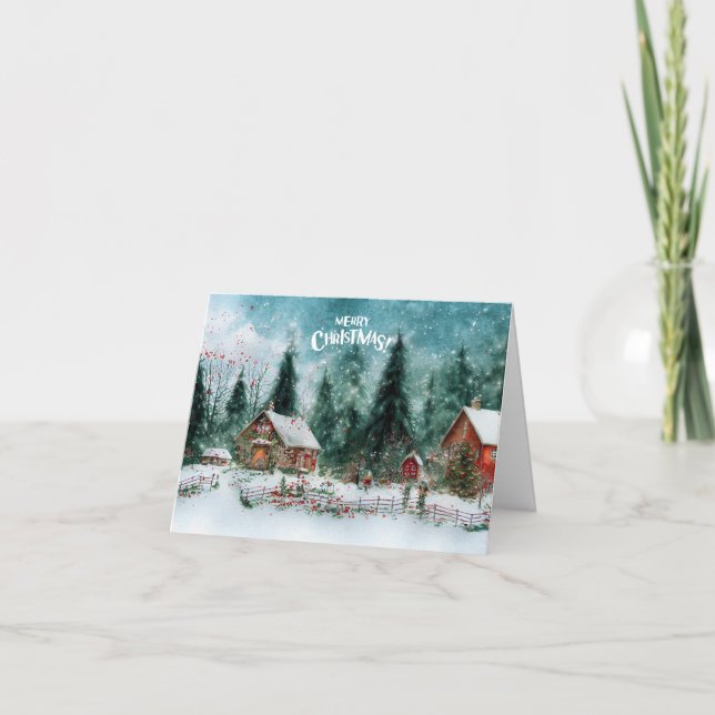 Merry Christmas Watercolor Winter Village  Card (Front)