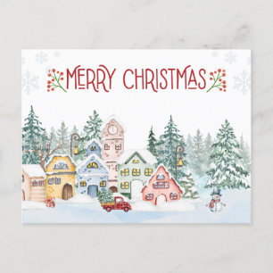 Merry Christmas Watercolor Winter Village  Holiday Postcard