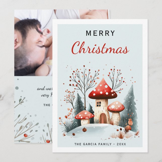 Merry Christmas Watercolor Woodland Photo Holiday Card (Front/Back)