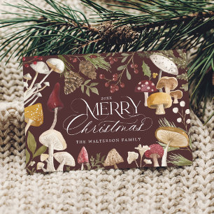 Merry Christmas Watercolor Woodsy Mushrooms Photo Holiday Card