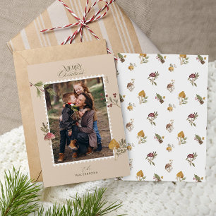 Merry Christmas Watercolor Woodsy Mushrooms Photo Holiday Card