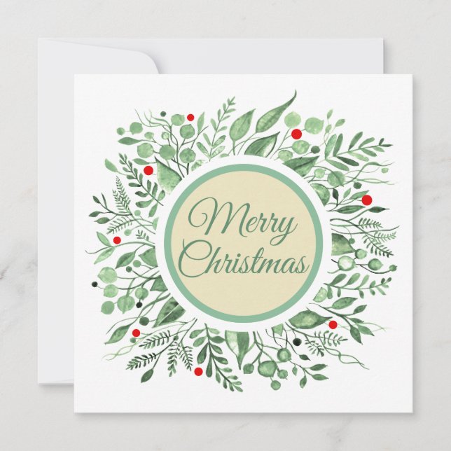 Merry Christmas Watercolor Wreath 2.0 Holiday Card (Front)