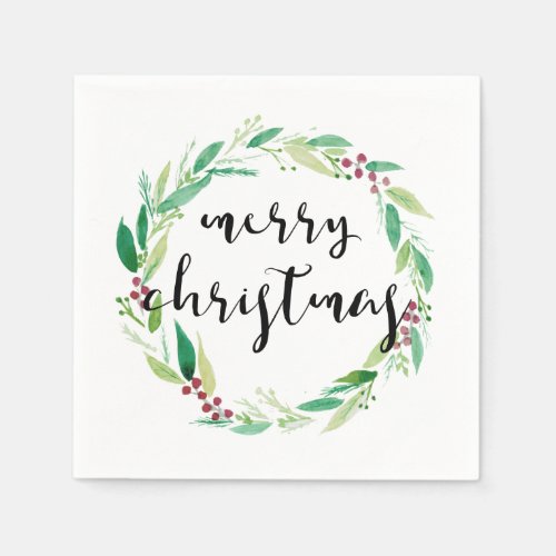 Merry Christmas Watercolor Wreath Elegant Chic Napkins