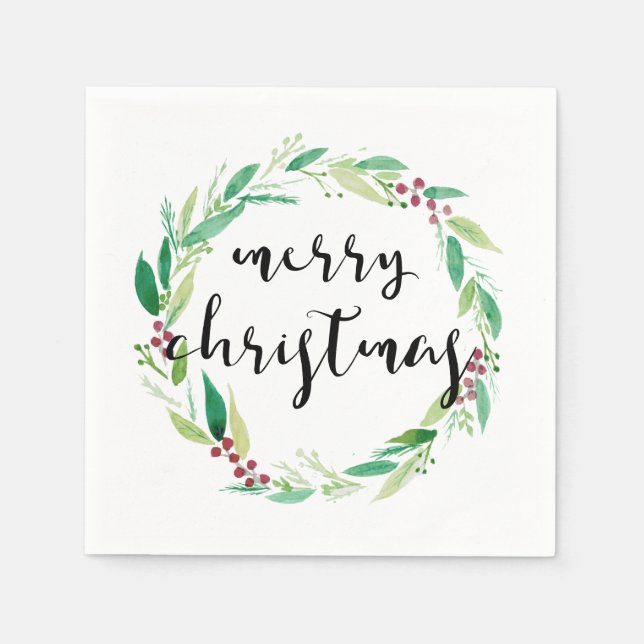 Merry Christmas Watercolor Wreath Elegant Chic Napkins (Front)