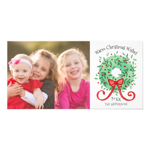 Merry Christmas Watercolor Wreath Family Photo Card