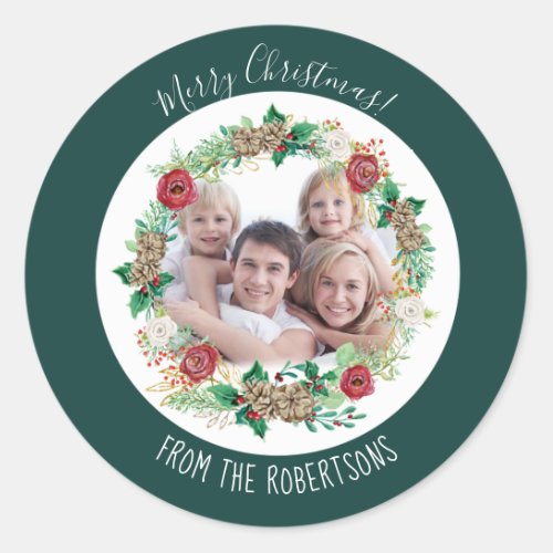 Merry Christmas Watercolor Wreath Family Photo Classic Round Sticker
