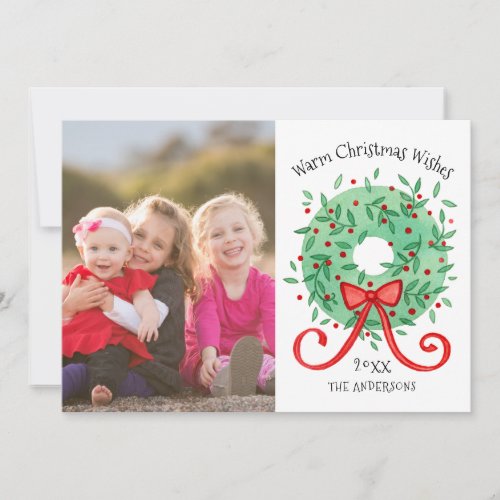 Merry Christmas Watercolor Wreath Family Photo Holiday Card