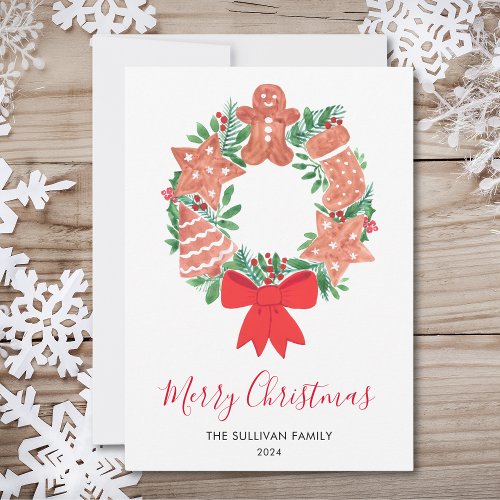 Merry Christmas Watercolor Wreath Holiday Card