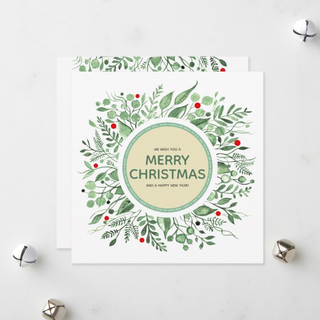 Merry Christmas Watercolor Wreath Holiday Card (Front/Back In Situ)