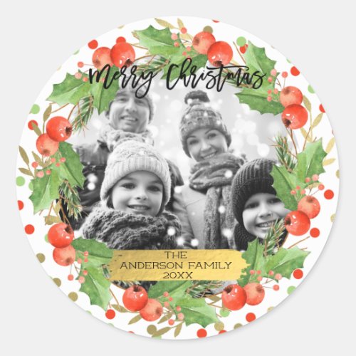 Merry Christmas Watercolor Wreath Holiday Photo Classic Round Sticker