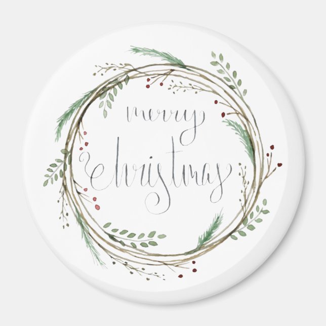 Merry Christmas Watercolor Wreath Magnet (Front)