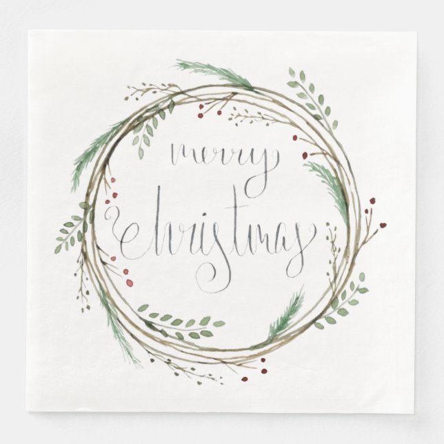 Merry Christmas Watercolor Wreath Paper Dinner Napkins (Front)