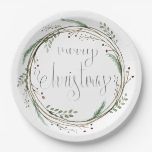 Merry Christmas Watercolor Wreath Paper Plates
