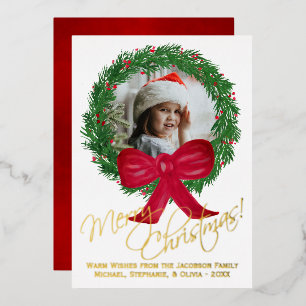 Merry Christmas! Watercolor Wreath Photo Frame Foil Holiday Card