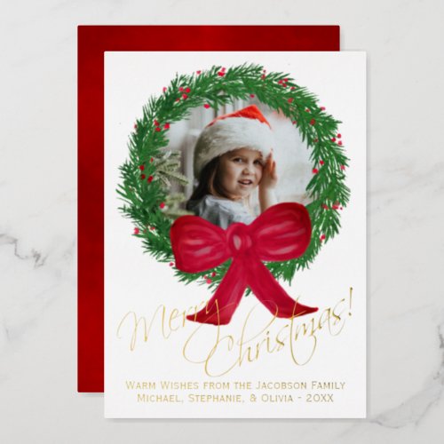 Merry Christmas Watercolor Wreath Photo Frame Foil Holiday Card