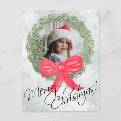 Merry Christmas Watercolor Wreath Photo Frame Holiday Postcard