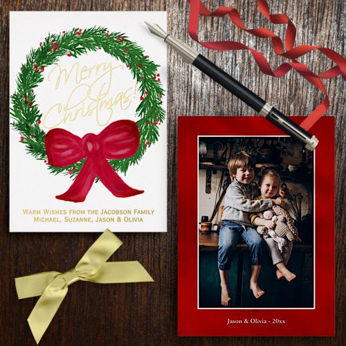 Merry Christmas Watercolor Wreath Photo on Back Foil Holiday Card