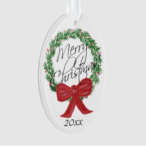 Merry Christmas Watercolor Wreath Photo on Back Ornament