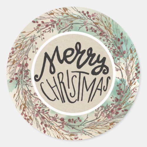 Merry Christmas Watercolor Wreath Rustic Holiday Classic Round Sticker