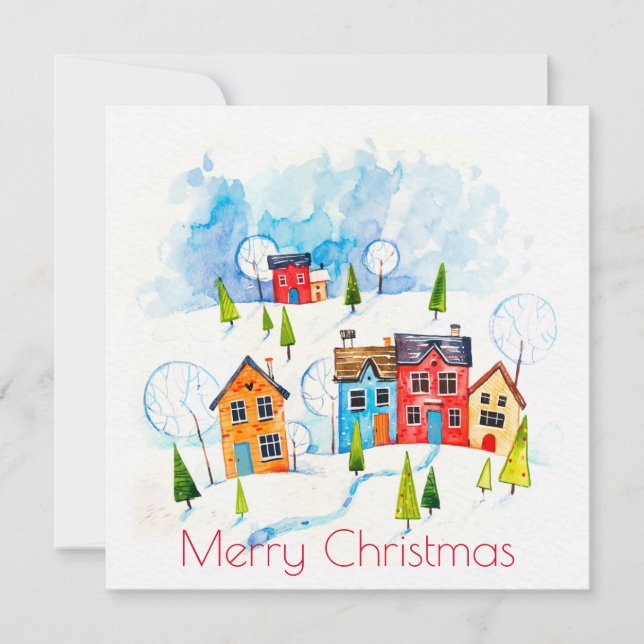Merry Christmas watercolour snowy township Card (Front)
